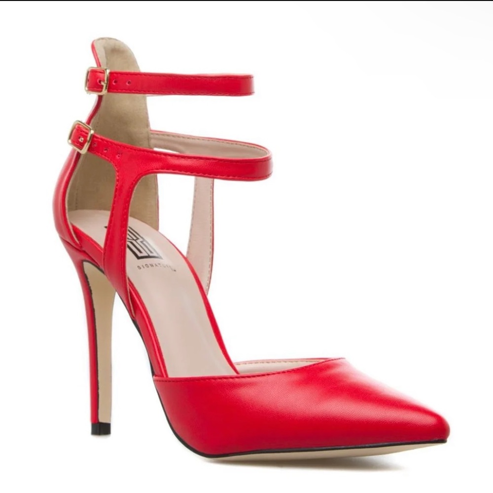 Red double strap heels